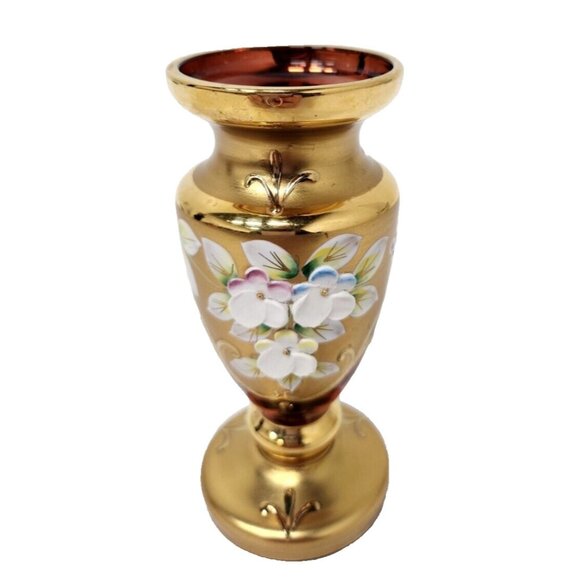 Vintage Bohemian Pink Glass Gold Overlay Floral Vase Raised Design Germany - Picture 1 of 10